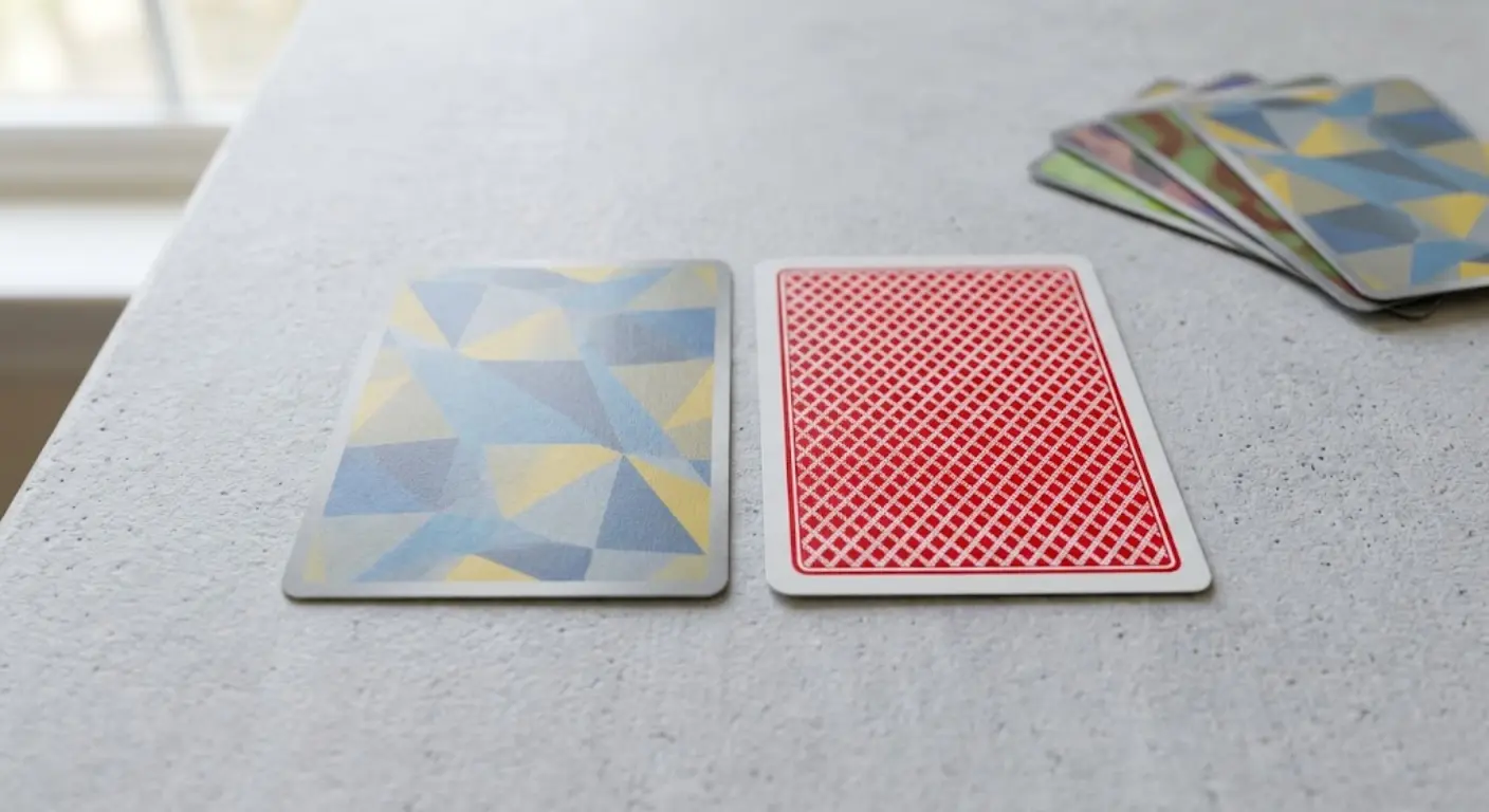 Two cards side-by-side on a light surface for size comparison: a geometric-patterned trading card and a standard red playing card, with extra cards stacked nearby.