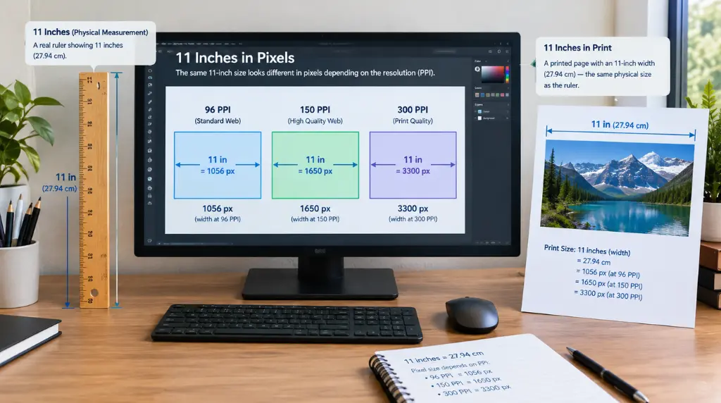 How Long Is 11 Inches? A Complete Visual Guide With Conversions 4 11-inch ruler and digital pixel conversion infographic showing 96, 150, and 300 PPI.