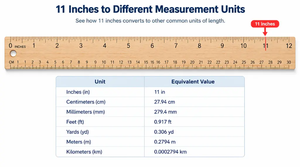 How Long Is 11 Inches? A Complete Visual Guide With Conversions 2 11-inch ruler with conversions to cm, mm, feet, yards, meters, and kilometers.