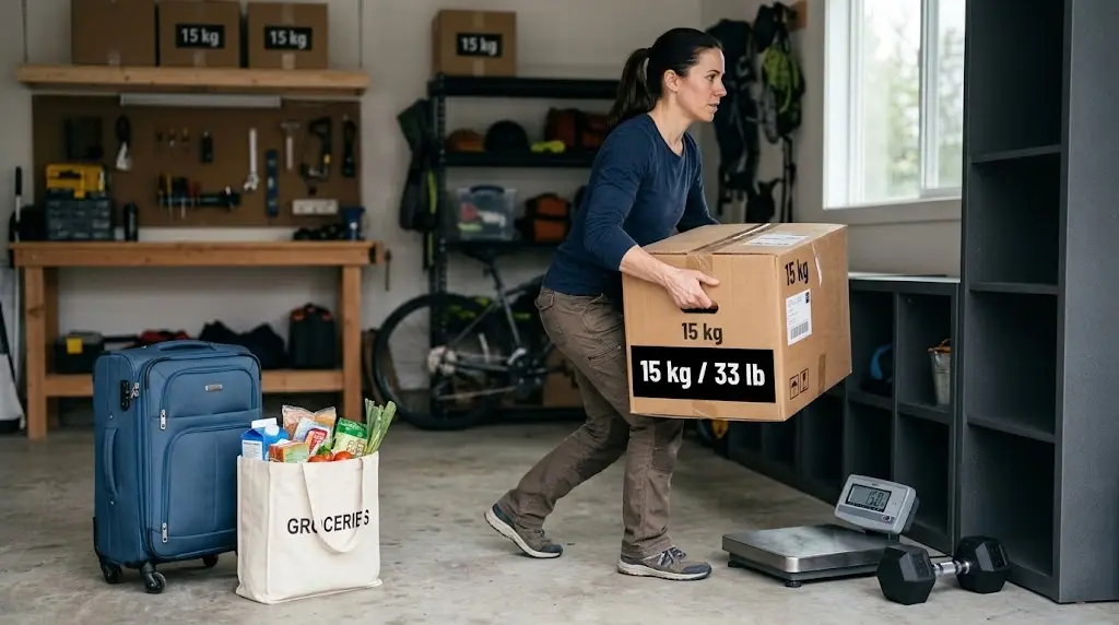 A 15 kg weight plate on display alongside everyday objects to show how heavy 15 kg is, including a suitcase, bag of rice, pet food bag, backpack, and a person holding a 15 kg box.