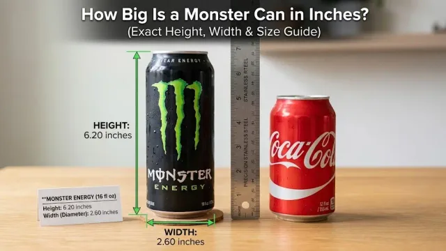A 16 oz Monster Energy can next to a 12 oz soda can and precision ruler for size comparison, with height and width measurement callouts.