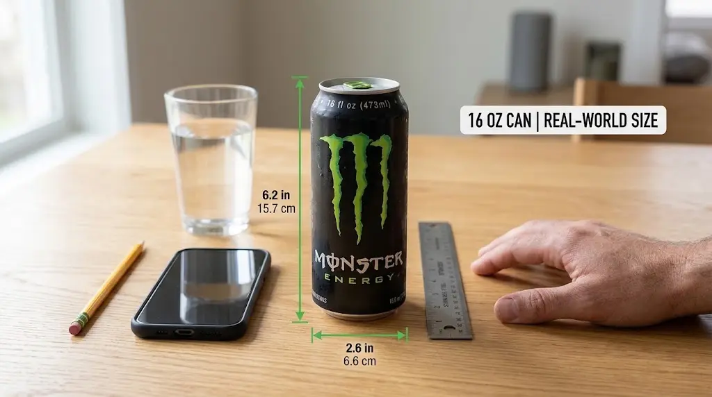 How Big Is a Monster Can in Inches? (Exact Height, Diameter & Size Guide) 3 A 16 oz Monster Energy can on a wooden table beside a smartphone, glass of water, pencil, ruler, and adult hand for real-world size scale.