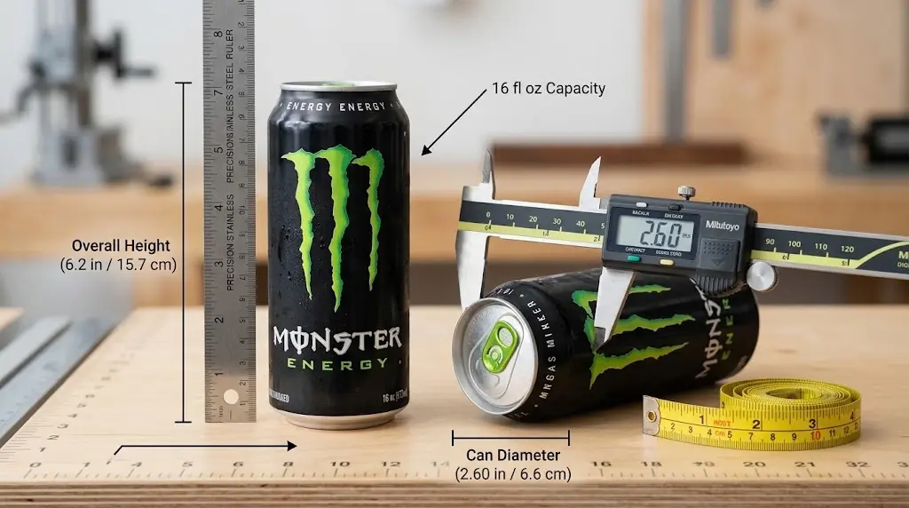How Big Is a Monster Can in Inches? (Exact Height, Diameter & Size Guide) 2 How Big Is a Monster Can in Inches? 16 oz Monster Energy can beside a steel ruler, with a second can measured by a digital caliper and tape measure.