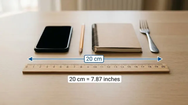 A 20 cm wooden ruler on a desk labeled "20 cm = 7.87 inches," alongside a smartphone, pencil, notebook, and fork for size comparison.