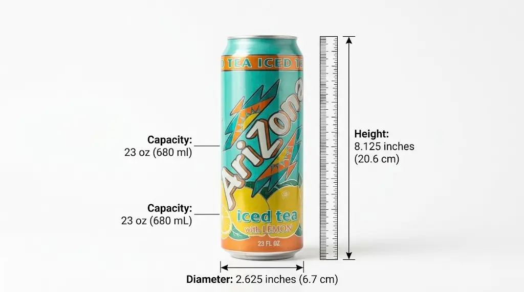 How Long Is an Arizona Can? The Complete Size Guide 2 How Long Is an Arizona Can? 23 oz AriZona Iced Tea can with 8.125-inch height and 2.625-inch diameter dimensions