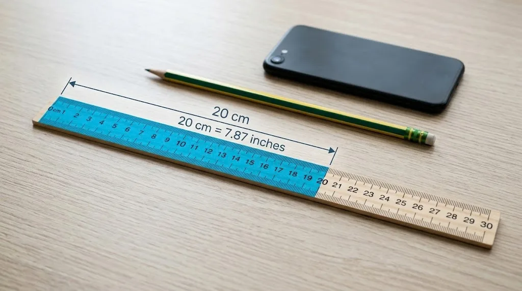 A 30 cm ruler on a wooden surface with a highlighted section indicating 20 cm 7.87 inches next to a pencil and smartphone