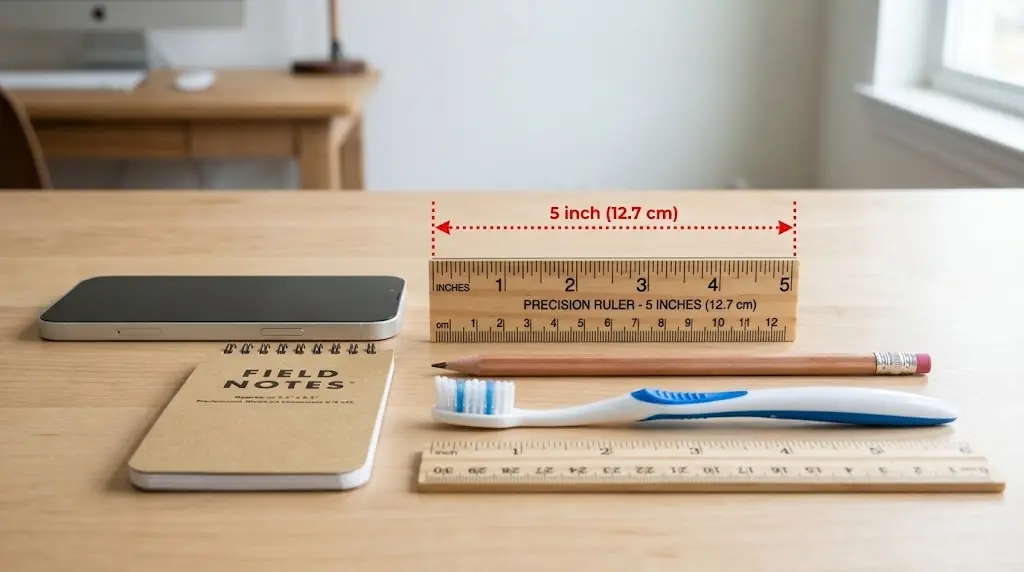 A 5-inch wooden ruler displayed next to common everyday items like a smartphone, notebook, pencil, and toothbrush on a desk to demonstrate scale.