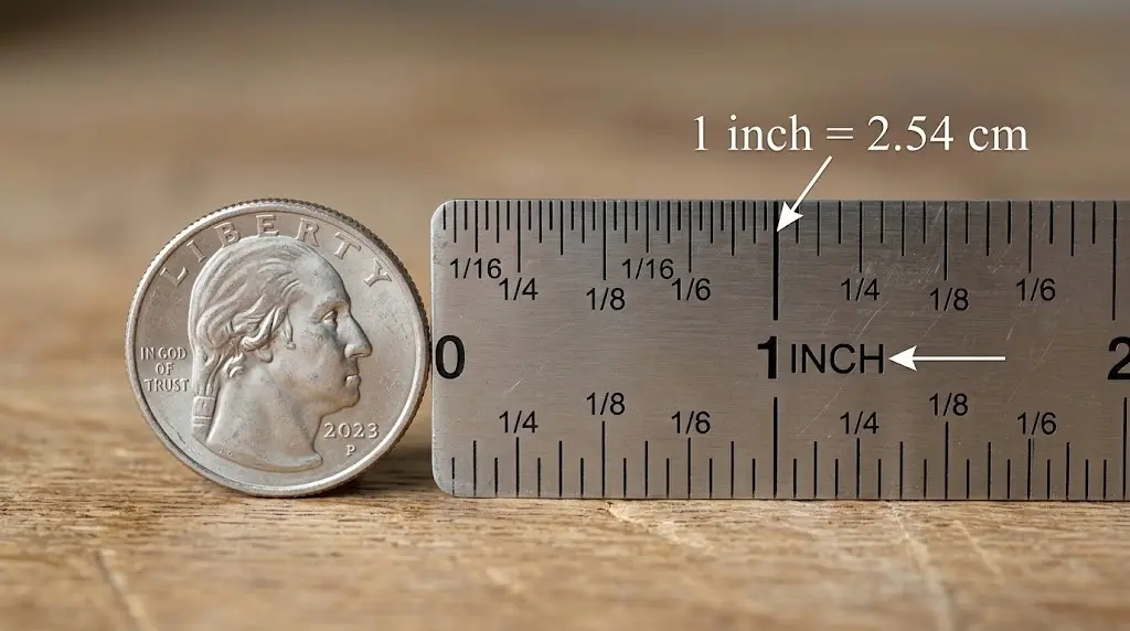 How Long Is 100 Inches? A Simple Guide With Real-Life Comparisons 2 How Long Is 100 Inches — US quarter coin next to a ruler showing 1 inch (2.54 cm).