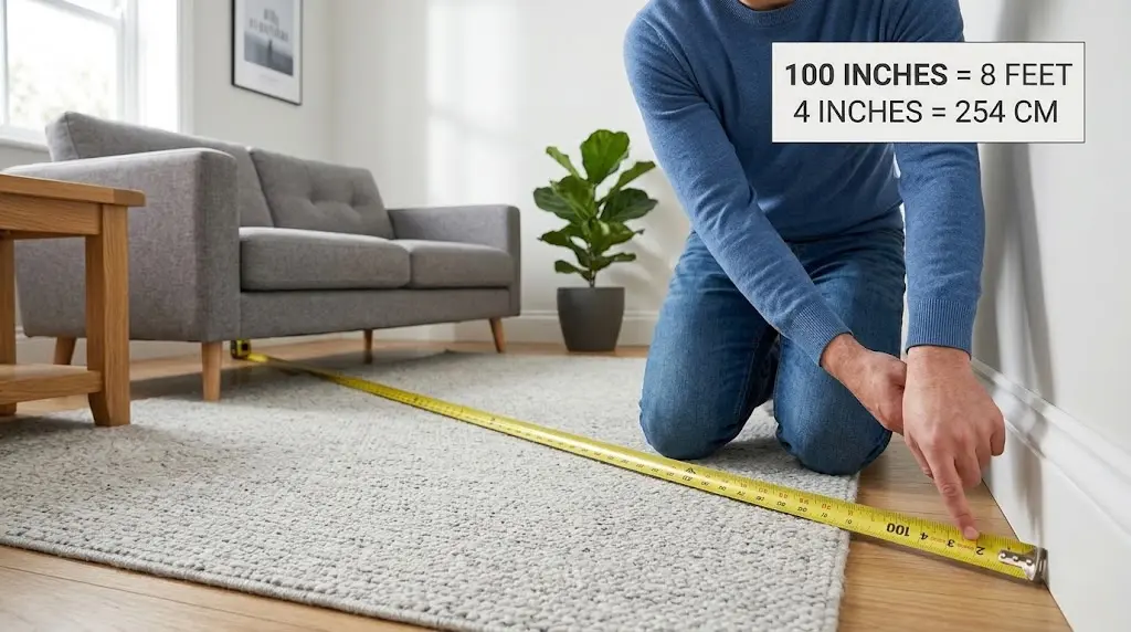How Long Is 100 Inches? A Simple Guide With Real-Life Comparisons 4 A close-up photograph of a person in blue jeans and a blue sweater kneeling and using a yellow measuring tape to measure the floor in a living room. The tape is pointing near the number 100. Text on the wall reads: 100 INCHES = 8 FEET 4 INCHES = 254 CM.
