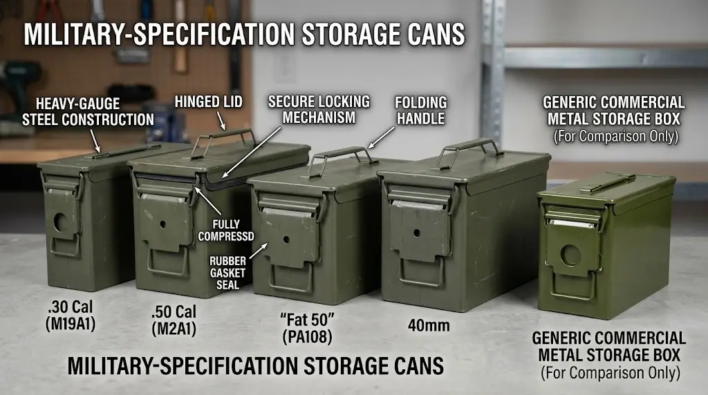 Military Ammo Can Size Chart: Dimensions, Weight & Capacity for Common Sizes 3 A comparison of four military-specification ammunition storage cans and one generic commercial metal storage box.