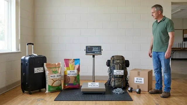 A digital scale displaying 30.0 kg surrounded by everyday items—a suitcase, rice bag, pet food, backpack, and cardboard box—with a person standing nearby for scale reference.