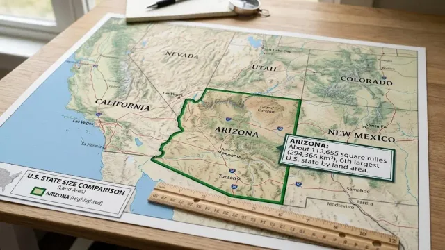 A educational photograph showing a physical map of Arizona and surrounding U.S. states laid on a wooden table alongside a ruler, with Arizona highlighted and labeled with its area of 113,655 square miles.