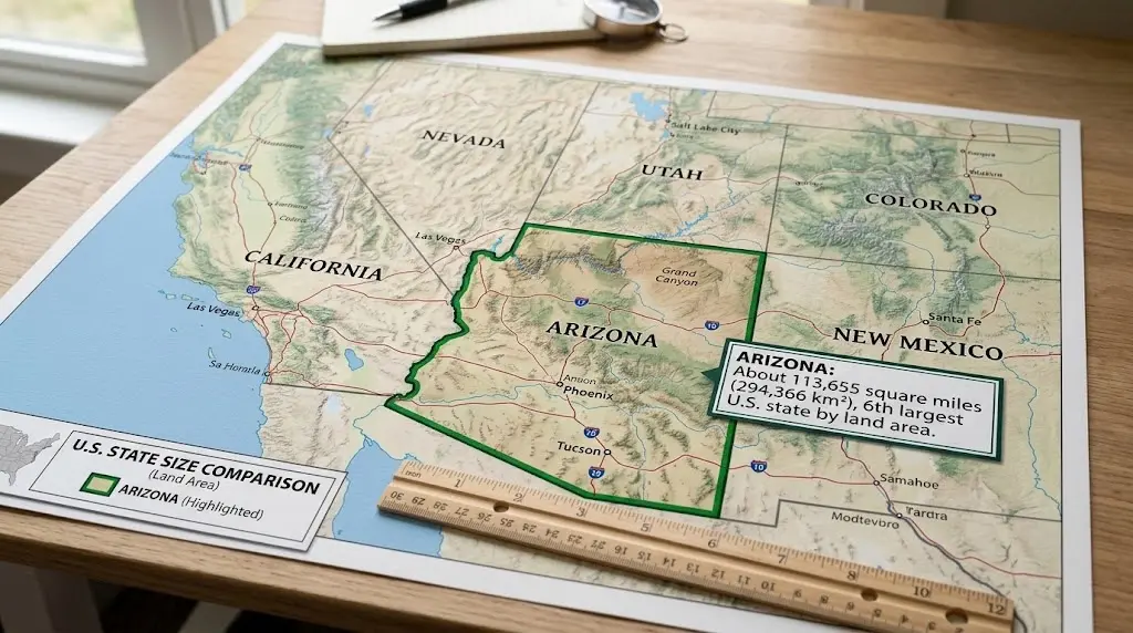 A educational photograph showing a physical map of Arizona and surrounding U.S. states laid on a wooden table alongside a ruler, with Arizona highlighted and labeled with its area of 113,655 square miles.