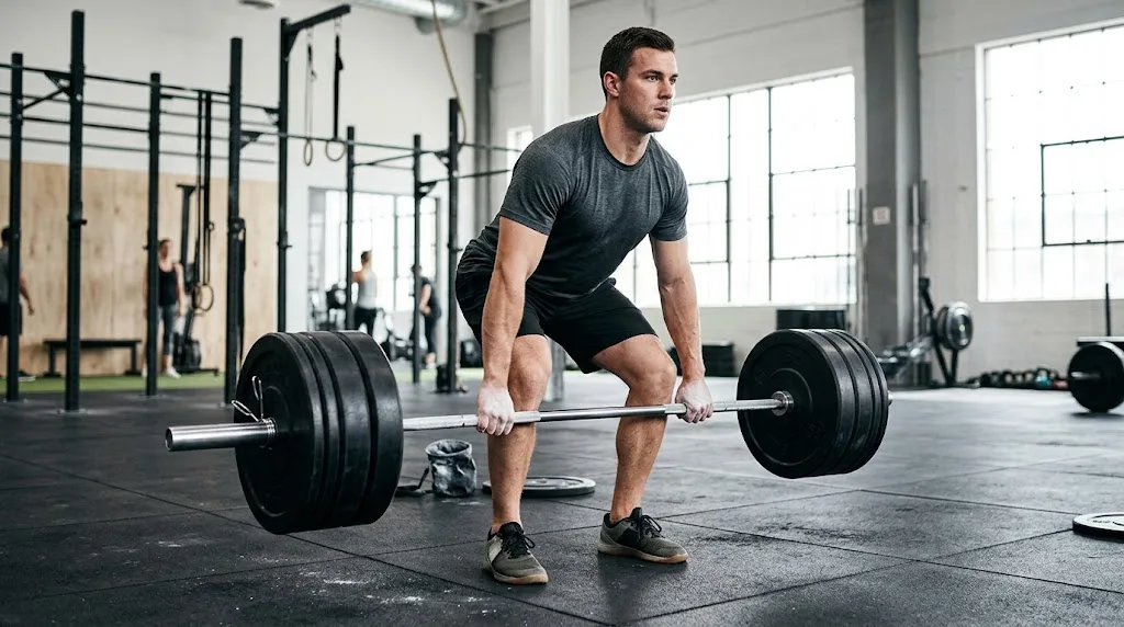 A fit man in a modern gym carefully lifting a heavy barbell with proper posture.