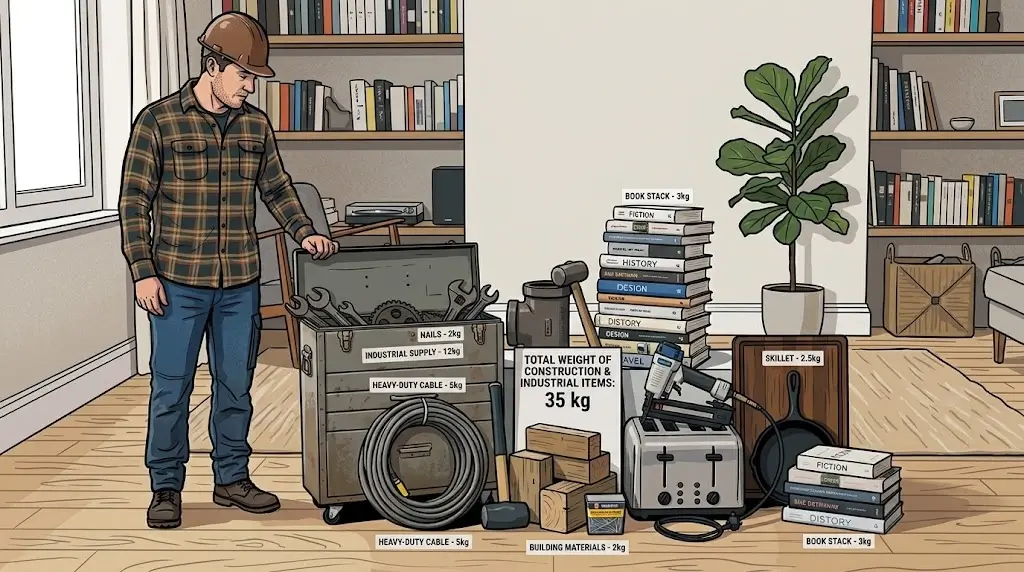 What Weighs 35kg? 15 Everyday Objects That Help You Picture the Weight 3 A graphic illustration of a construction worker standing next to labeled industrial equipment and tools totaling 35 kg.