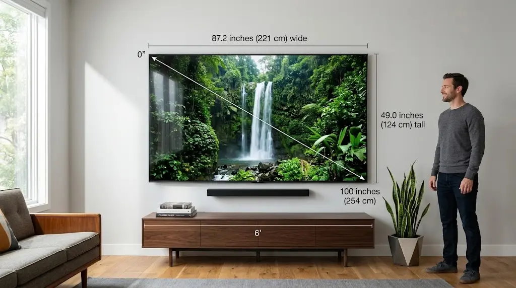 How Long Is 100 Inches? A Simple Guide With Real-Life Comparisons 3 A living room scene shows a massive 100-inch television (87.2 inches wide, 49 inches tall) on a wall, displaying a detailed waterfall, with a man standing nearby for scale context.