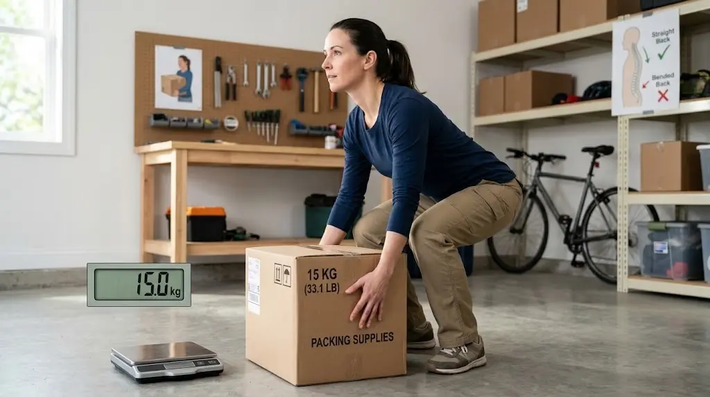 A person lifts a 15 kg box using proper posture in a garage near tools, a bike, a suitcase, and groceries.