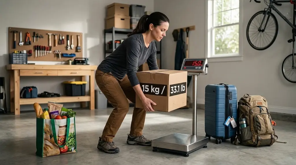 A person lifts a 15 kg box in a garage next to a suitcase and groceries.