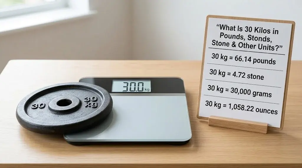 What Weighs 30 Kilos? A Simple Guide With Real-Life Comparisons 2 What Weighs 30 Kilos? A digital bathroom scale showing 30 kg beside a 30 kg weight plate and educational sign.