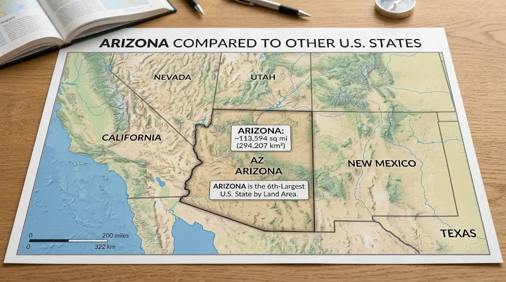 How Big Is Arizona? Size, Rank, and Surprising Comparisons 4 A printed regional map of the southwestern U.S. showing Arizona labeled with its land area size and rank among neighboring states.