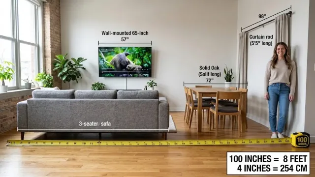 A real-life scale comparison showing a 100-inch (8 ft 4 in / 254 cm) yellow measuring tape stretched across a modern living room alongside a sofa, TV, dining table, curtain rod, and a person for size context.