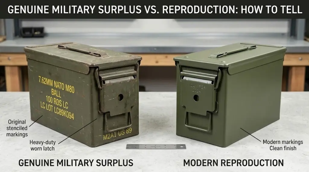 Military Ammo Can Size Chart: Dimensions, Weight & Capacity for Common Sizes 5 Military ammo can size chart comparison showing a genuine military surplus ammo can and a modern reproduction.