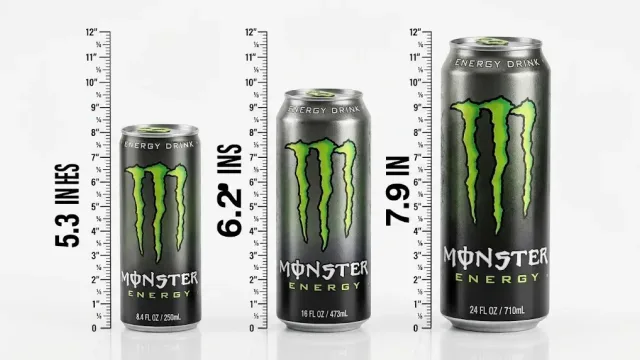 A side-by-side height comparison of small, medium, and large Monster energy drink cans next to measurement rulers.