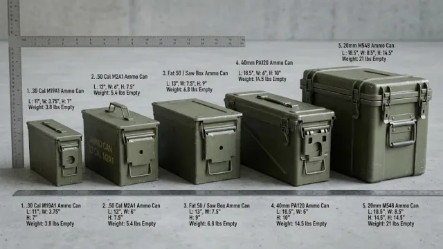 A side-by-side lineup of five olive-drab steel military ammo cans in increasing sizes with measurement labels and rulers.