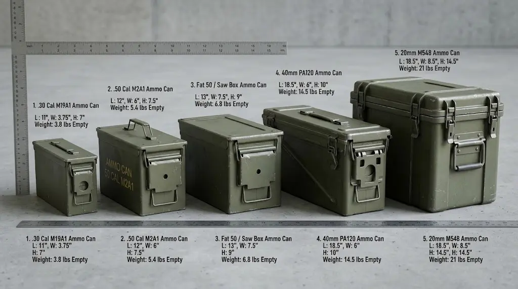 A side-by-side lineup of five olive-drab steel military ammo cans in increasing sizes with measurement labels and rulers.