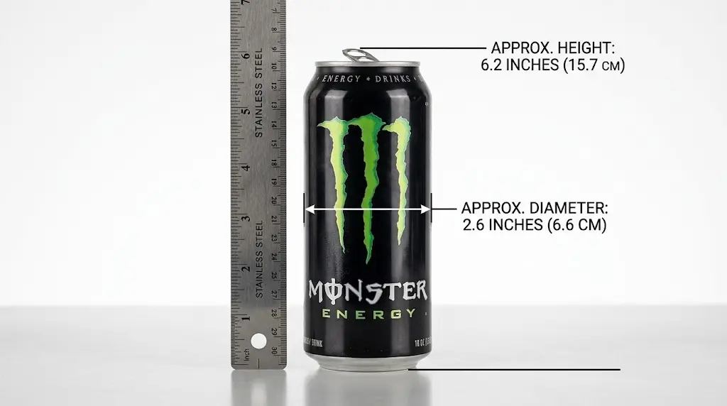 How Tall Is a Monster Can? The Exact Height for Every Size 2 How Tall Is a Monster Can — standard Monster Energy drink can beside a steel ruler showing its height and diameter.