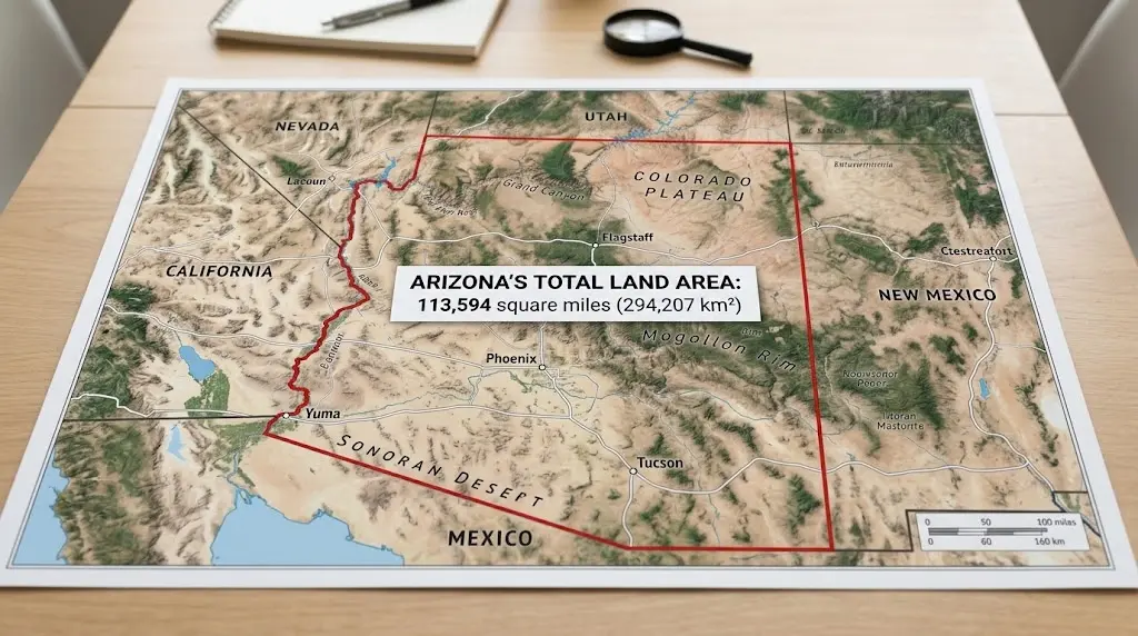 How Big Is Arizona? Size, Rank, and Surprising Comparisons 2 How Big Is Arizona? A top-down photograph of a physical topographic map showing Arizona highlighted in red, with its land area labeled as 113,594 square miles.