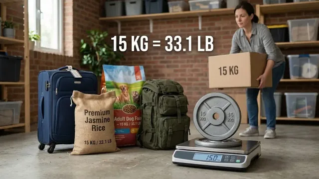 A weight plate on a scale, suitcase, backpack, and rice bag display the weight of 15 kilograms. A woman holds a 15-kilogram box in the background.