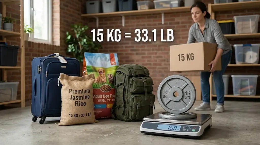 A weight plate on a scale, suitcase, backpack, and rice bag display the weight of 15 kilograms. A woman holds a 15-kilogram box in the background.