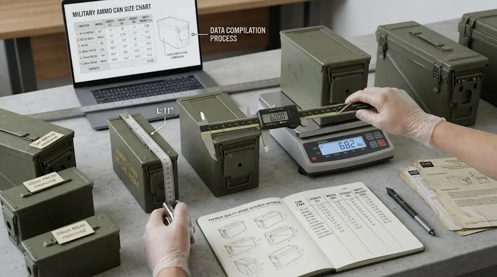 Military Ammo Can Size Chart: Dimensions, Weight & Capacity for Common Sizes 2 A workstation setup showing olive-drab ammo cans being measured with calipers, scales, and tape beside research notes and a laptop chart.