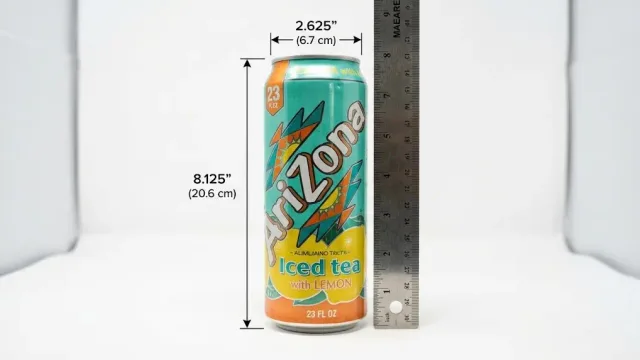An 8.125-inch tall AriZona Iced Tea can standing upright next to a ruler on a white surface, with dimension arrows showing its height and 2.625-inch diameter.
