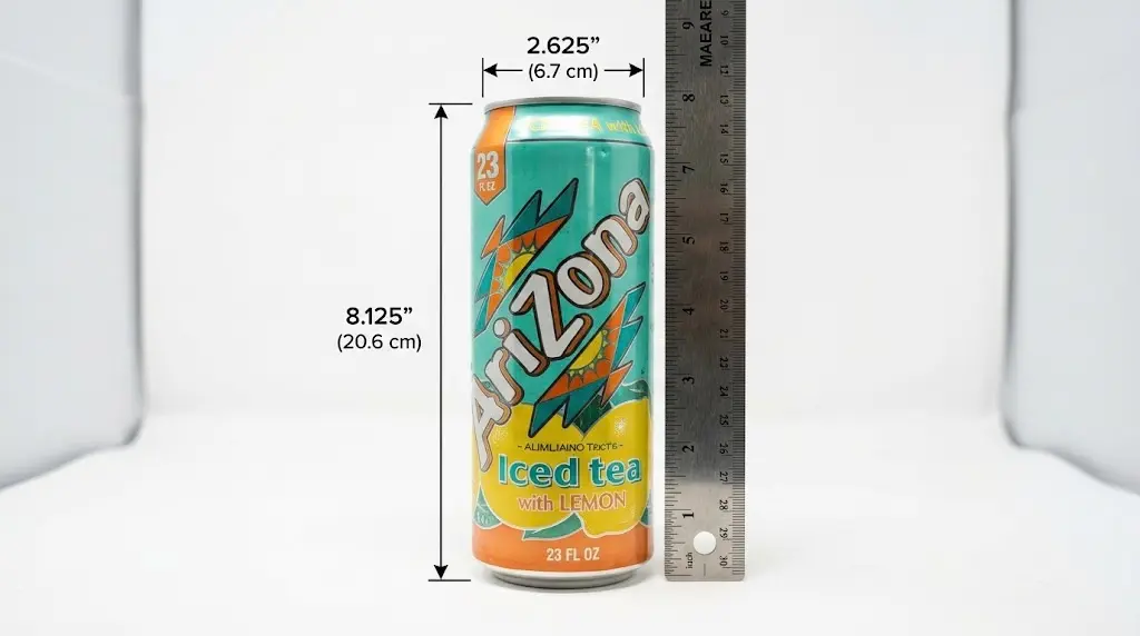 An 8.125-inch tall AriZona Iced Tea can standing upright next to a ruler on a white surface, with dimension arrows showing its height and 2.625-inch diameter.