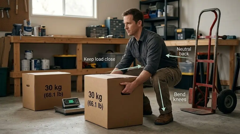 Is 30kg Heavy? What 30 kg (66 lbs) Really Feels Like 4 An adult man in a garage demonstrating proper lifting posture before picking up a 30 kg box, featuring visual safety callouts like "neutral back" and "bend knees," with a digital scale and hand trolley nearby.