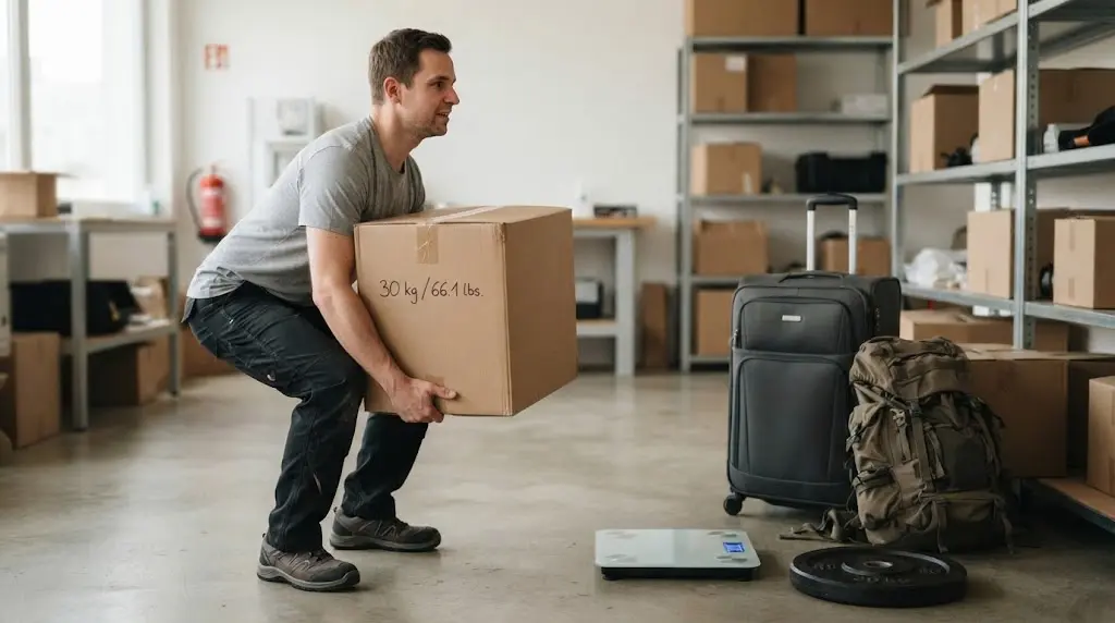 Is 30kg Heavy? What 30 kg (66 lbs) Really Feels Like 3 An adult man safely lifting a 30 kg box using proper technique in a warehouse, with a digital scale, suitcase, backpack, and weight plate nearby.