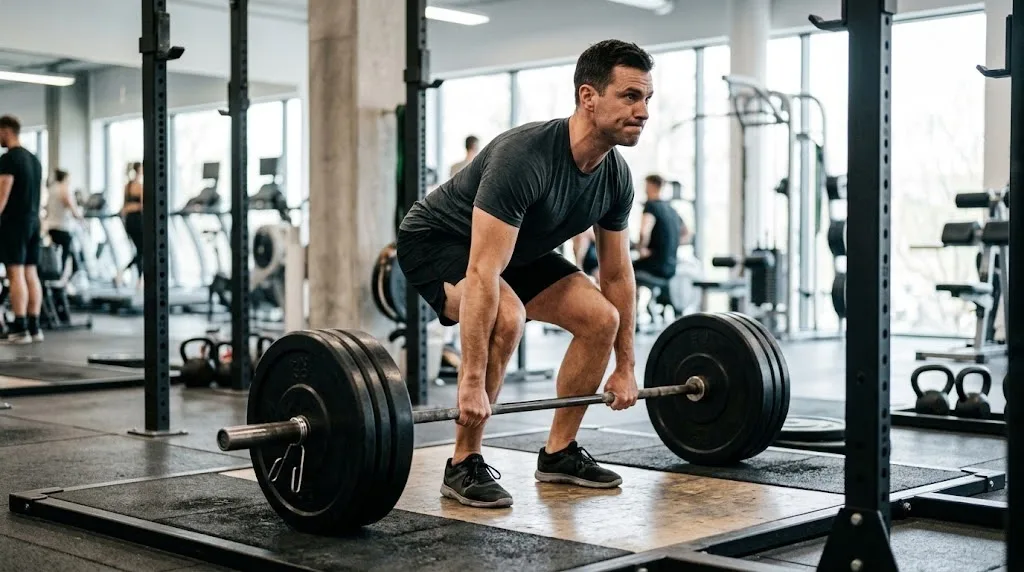 How Heavy Is 50kg? A Simple Guide With Real Comparisons 2 An adult man with focused effort and proper posture preparing to lift a heavy barbell loaded with weight plates in a modern gym.
