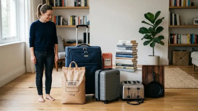 An adult standing beside a collection of household items, including luggage, a bag of rice, books, and appliances, representing 35 kg.
