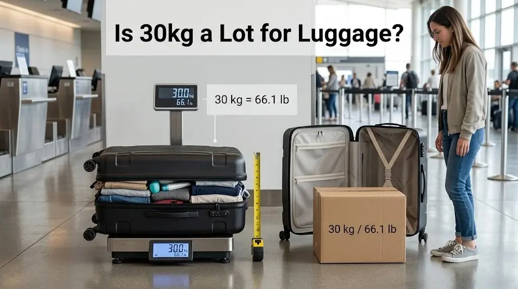 What Weighs 30 Kilos? A Simple Guide With Real-Life Comparisons 4 An airport luggage scale displaying 30.0 kg (66.1 lb) with a packed suitcase, an open empty suitcase, a shipping box, and a woman standing nearby for scale reference.