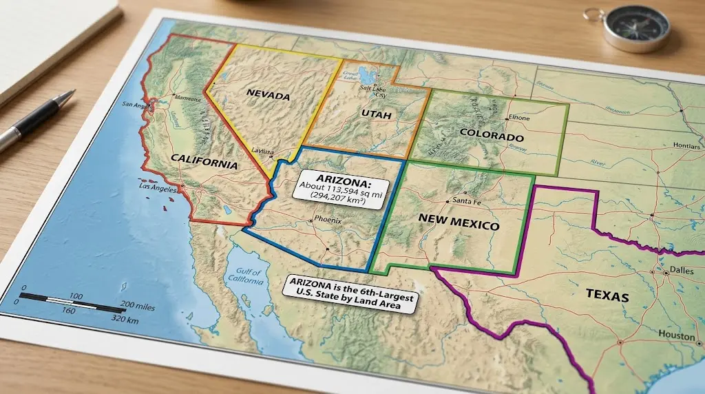 How Big Is Arizona? Size, Rank, and Surprising Comparisons 3 An illustrated map on a wooden desk showing California, Nevada, Utah, Colorado, Arizona, New Mexico, and Texas, with Arizona highlighted and a text bubble showing its size and rank