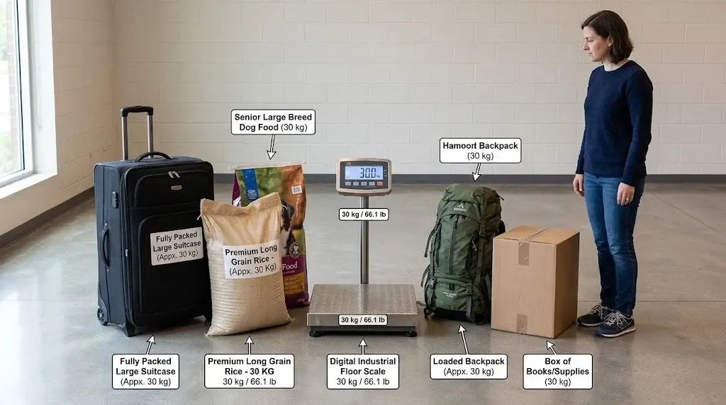 What Weighs 30 Kilos? A Simple Guide With Real-Life Comparisons 3 An industrial scale displaying 30.00 kg is surrounded by a suitcase, rice, dog food, backpack, and box—all weighing approximately 30 kg—with a woman standing nearby for scale.