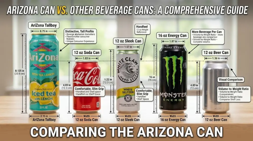 How Long Is an Arizona Can? The Complete Size Guide 3 An infographic comparing a tall 23 oz Arizona Iced Tea can with four smaller, standard 12 oz and 16 oz beverage cans, using dimensions and text callouts to highlight the height and width differences.