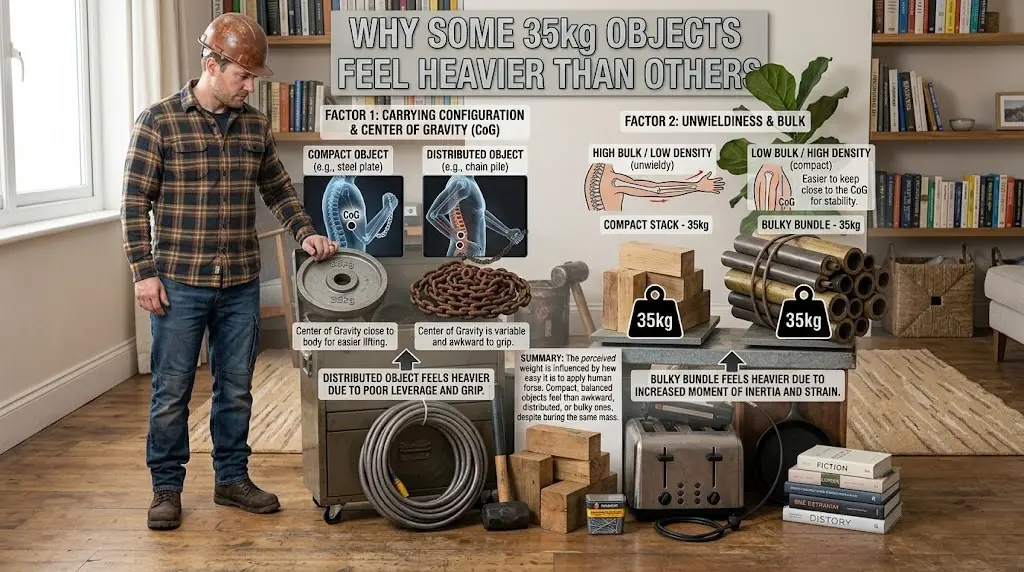 What Weighs 35kg? 15 Everyday Objects That Help You Picture the Weight 4 An infographic explaining why some 35 kg objects feel heavier than others based on center of gravity, bulk, and grip.