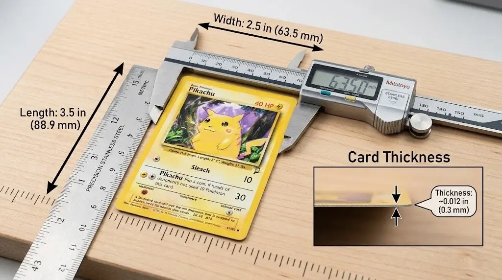 How Big Is a Pokemon Card? (Exact Size, Explained Simply) 2 An infographic showing precise measurements of a Pokémon card on a wooden surface using a ruler and a digital caliper. Text labels specify length, width, and an inset detail for card thickness.