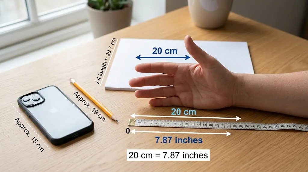 How Long Is 20 cm? An open adult hand and measuring tape showing 20 cm (7.87 inches) alongside a smartphone, pencil, and paper for visual comparison.