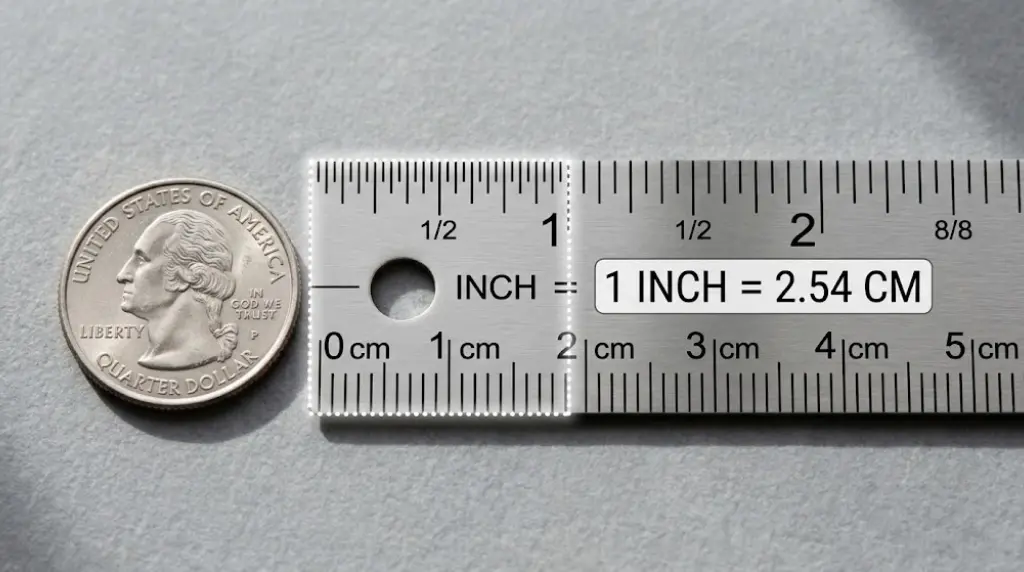 5 inch objects: close-up photo of a stainless steel precision ruler showing 5 inches with the 1-inch (2.54 cm) segment highlighted, next to a U.S. quarter coin on a neutral surface.
