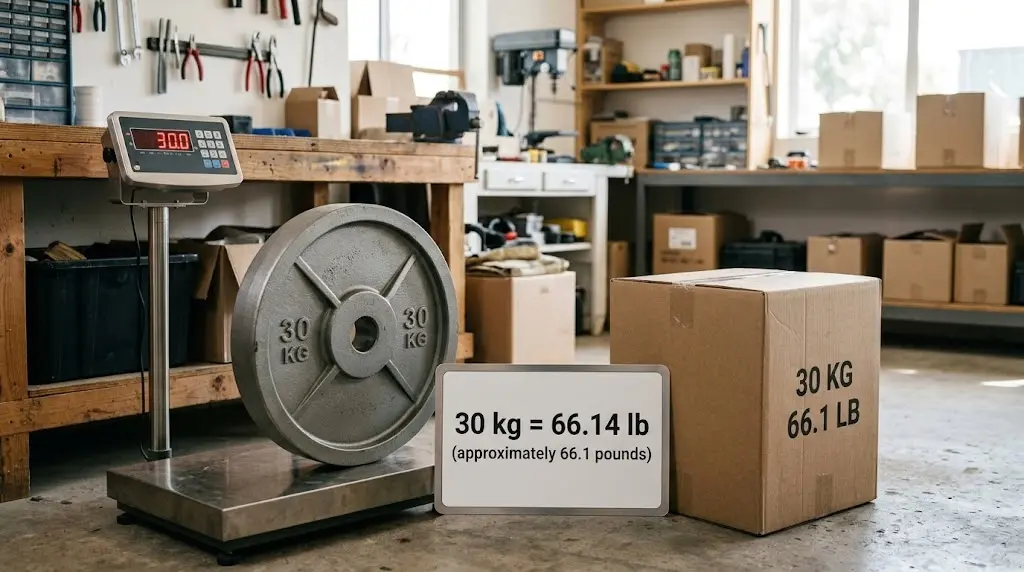 Is 30kg Heavy? What 30 kg (66 lbs) Really Feels Like 2 Is 30kg Heavy? Digital weighing scale showing 30.0 kg, next to a 30 kg weight plate, a reference card displaying “30 kg = 66.14 lb,” and a labeled cardboard box.