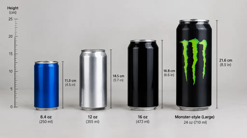 How Tall Is a Monster Can? The Exact Height for Every Size 5 Energy drink can size comparison with ruler markings.